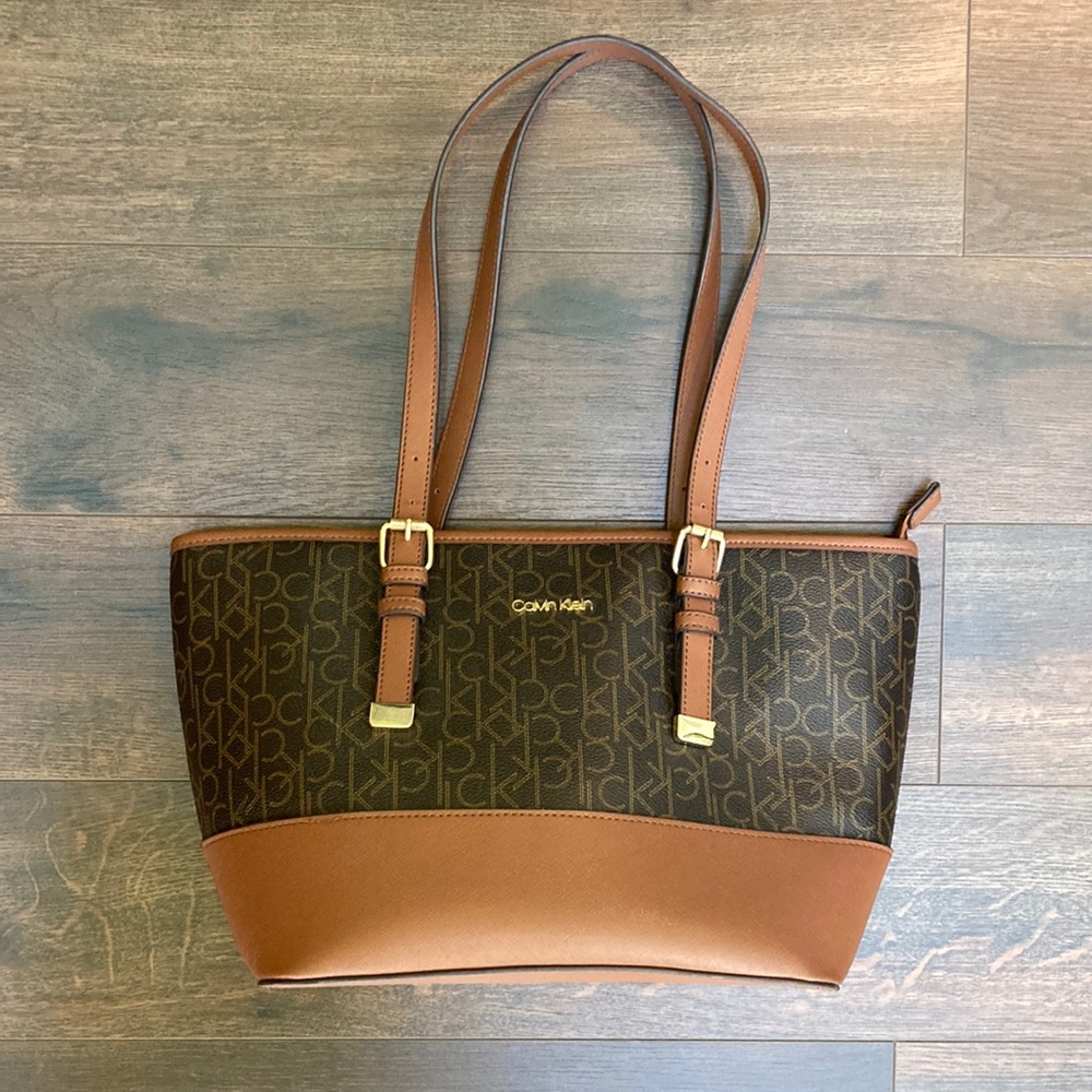 Calvin Klein Brown Leather Zip-Up Tote Bag
